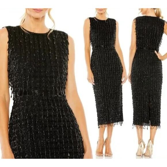 MAC DUGGAL 5471 BLACK EMBELLISHED HIGH NECK BEADED MIDI SHEALTH DRESS sz 16 $598 - Picture 1 of 6